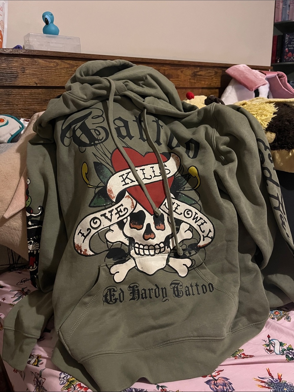 Ed Hardy Olive Green Hoodie with Black Logo